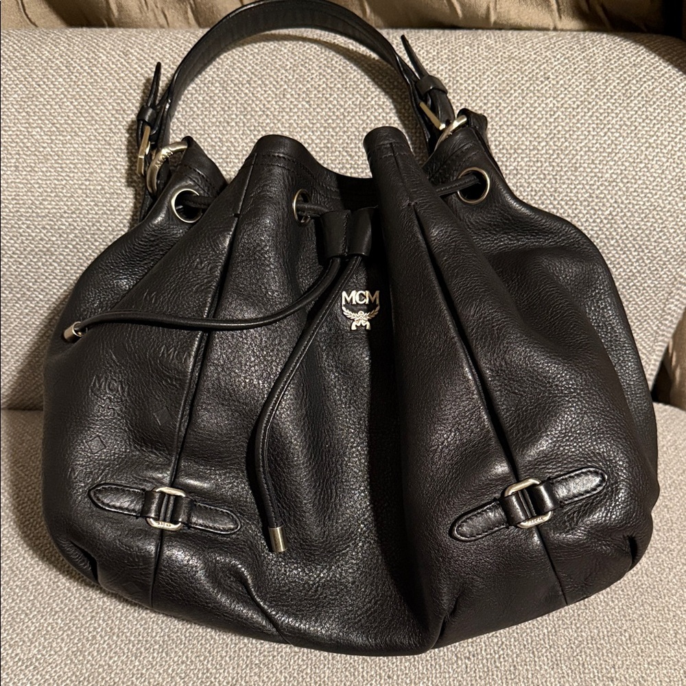 MCM Black Leather Embossed Hobo Limited Edition Women's Bucket Cinch Bag